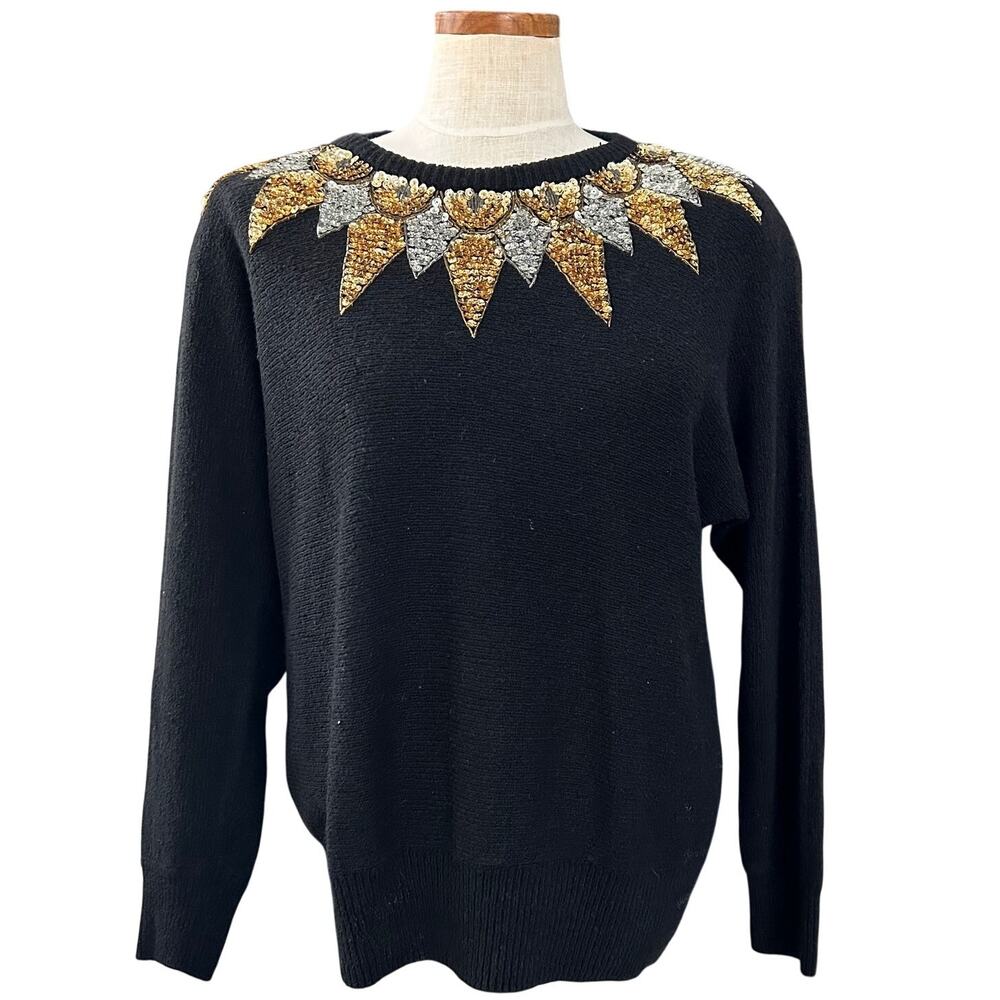 Silvercord Vintage Silk Angora Beaded Sequin Sweater M Sunburst Collar Black